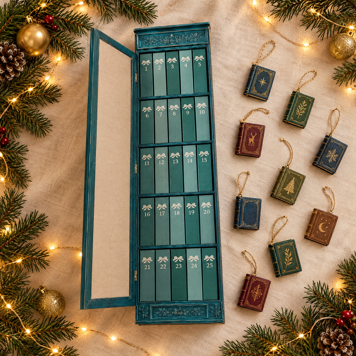 Flat lay of the opened NOOKORA advent calendar and mini book ornaments