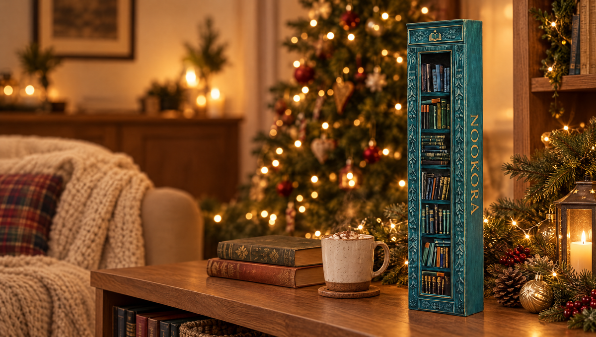 NOOKORA bookshelf advent calendar in a cozy Christmas living room
