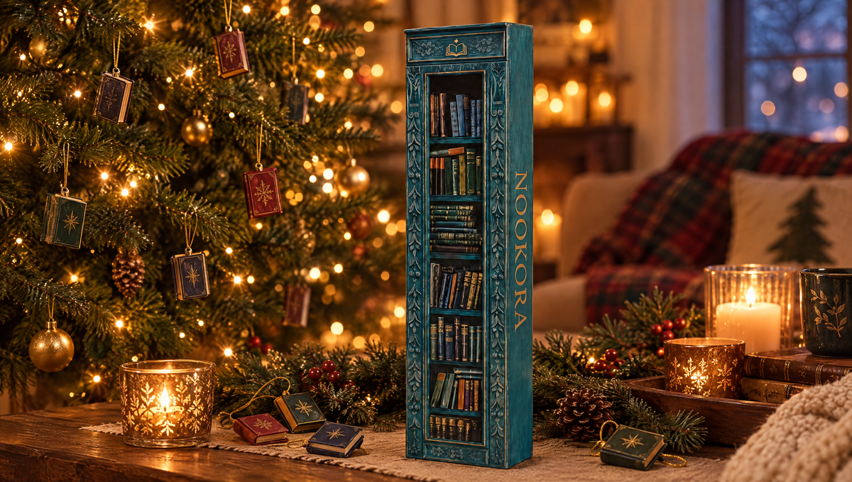 Mini book ornaments next to the NOOKORA advent calendar and Christmas tree